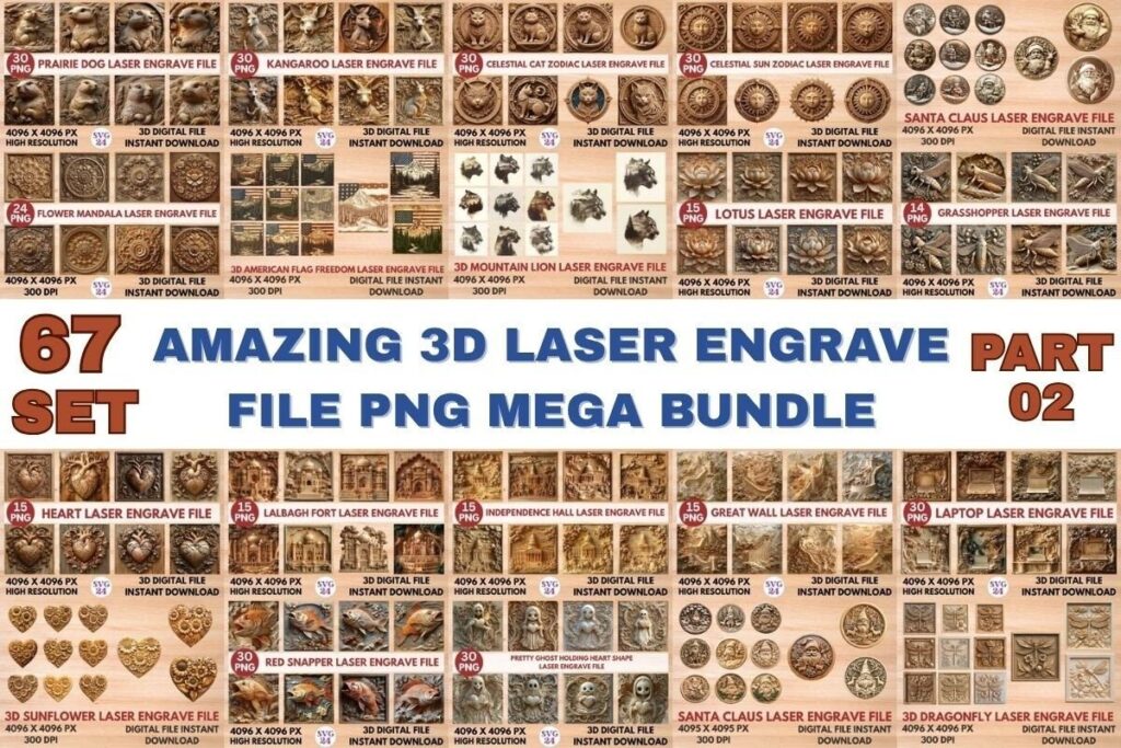 10 Laser Engraving Projects for Wood, Metal and Acrylic 4 Laser engraving projects for wood metal featuring a 67-piece 3D laser engrave PNG mega bundle with detailed grayscale designs