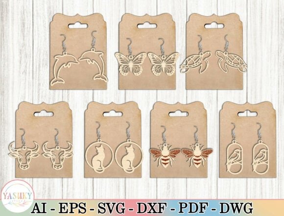Laser cut wood earrings featuring dolphin, butterfly, turtle, bull, cat, bee, and bird designs on display cards
