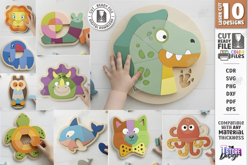 22 Educational Laser Cut Puzzles for Kids with SVG Files 44 Educational laser cut puzzles featuring multilayer wooden animal designs including lion, panda, elephant, and hippo