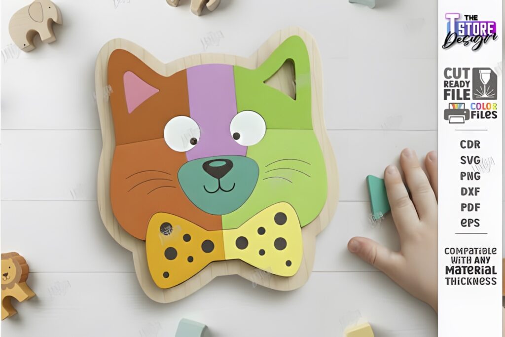22 Educational Laser Cut Puzzles for Kids with SVG Files 43 Educational laser cut puzzles featuring a colorful multilayer wooden cat face with separate puzzle pieces