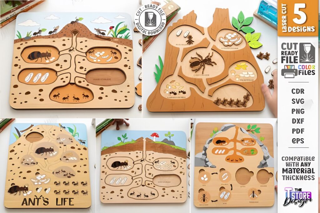 22 Educational Laser Cut Puzzles for Kids with SVG Files 32 Educational laser cut puzzles featuring an ant colony theme with detailed insect and colony shapes for nature-study play