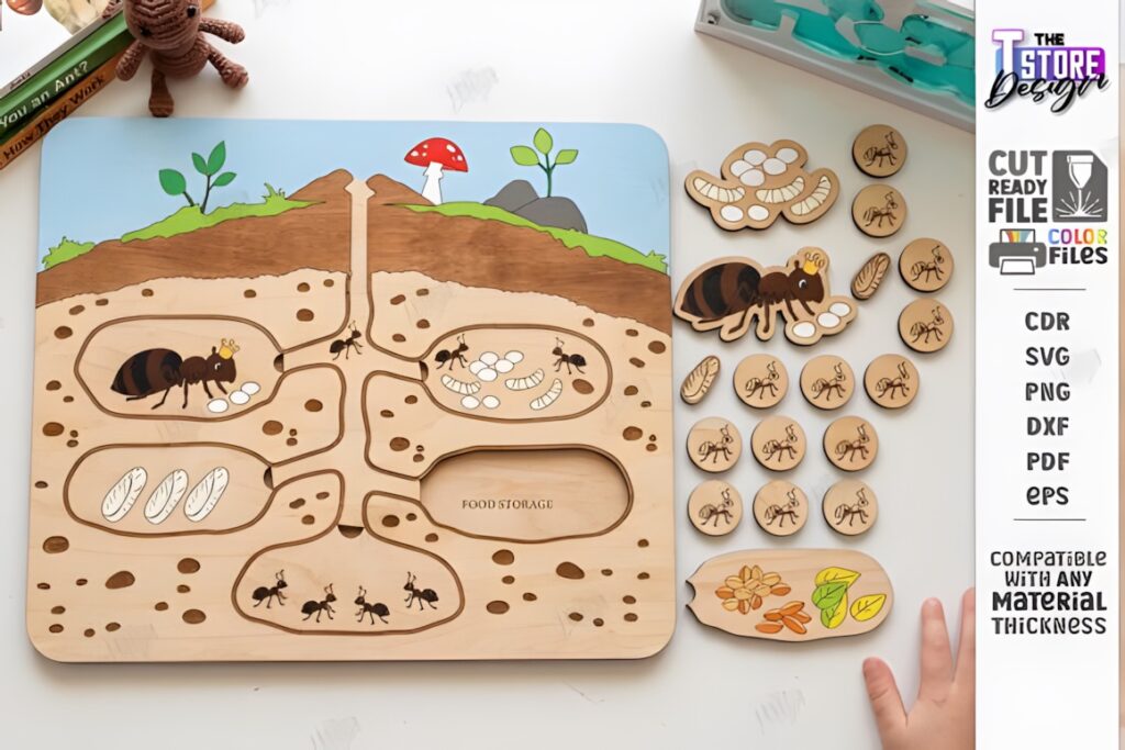 22 Educational Laser Cut Puzzles for Kids with SVG Files 33 Educational laser cut puzzles showing an ant colony with multiple puzzle pieces depicting ants and larvae in soil layers
