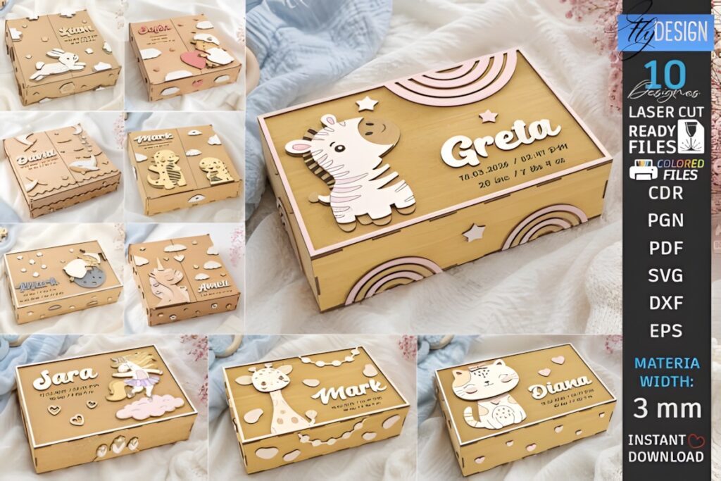 21 Laser Cut Organizer SVG Files for Home Storage Projects 38 Laser cut organizer boxes with animal designs and personalized names for baby memory storage