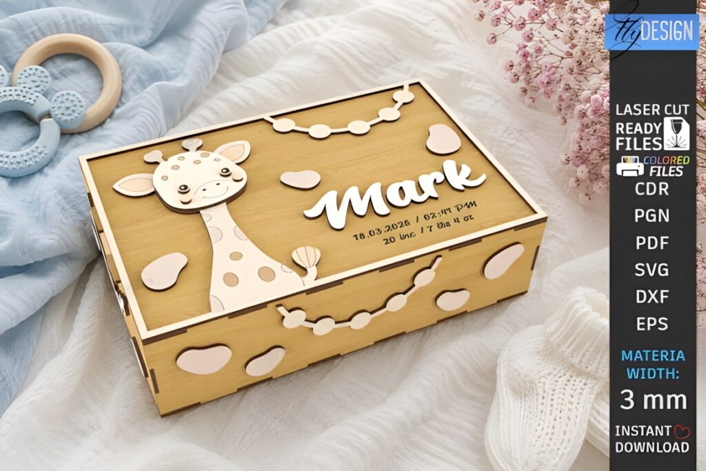 21 Laser Cut Organizer SVG Files for Home Storage Projects 37 Laser cut organizer wooden baby memory box with giraffe design and personalized name Mark