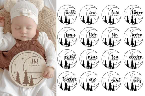 Laser engraving ideas for baby monthly milestones with circular wooden discs featuring trees and month labels