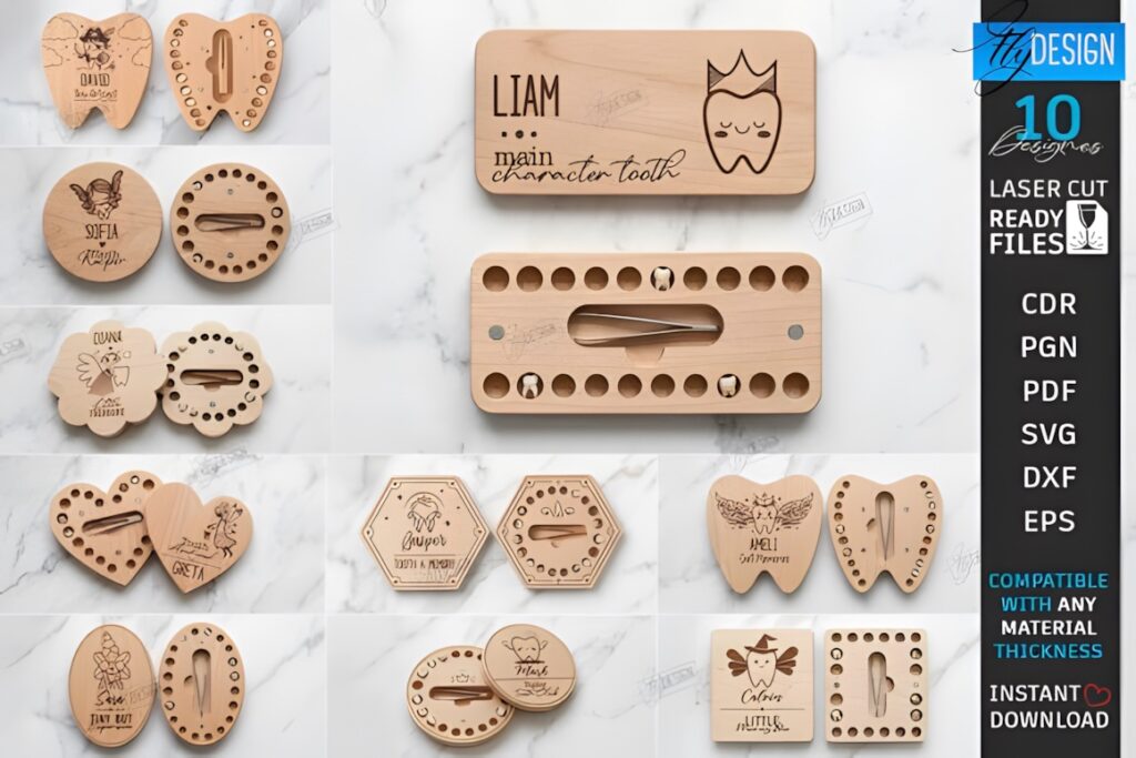 29 Laser Cut SVG Files for Wood, MDF and Acrylic Projects 51 laser cut SVG files for wood projects showing baby tooth boxes organizer set with engraved personalized designs