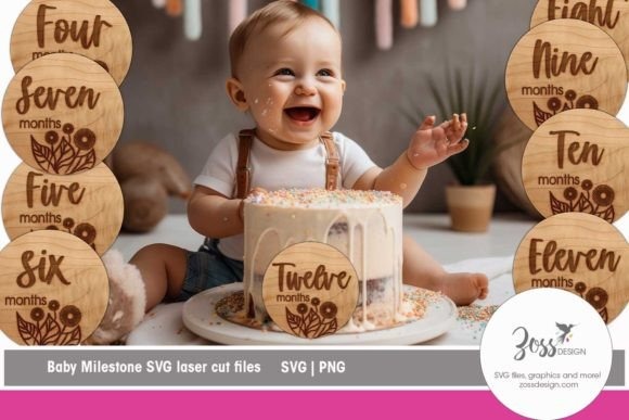Baby milestone laser engraving ideas on wooden discs from four to twelve months around a baby with a cake
