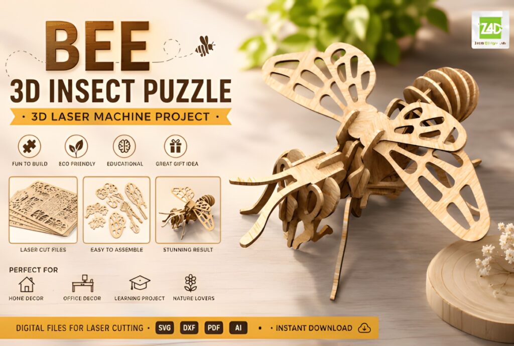 22 Educational Laser Cut Puzzles for Kids with SVG Files 27 Educational laser cut puzzles featuring a 3D bee insect model made from wood for hands-on assembly and learning