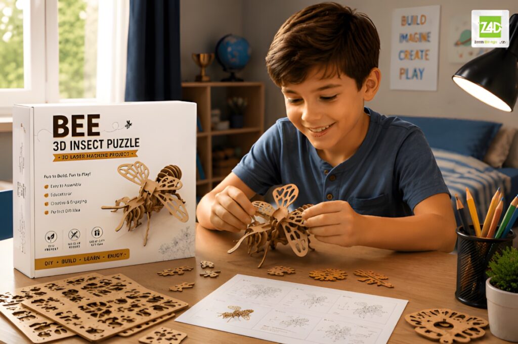 22 Educational Laser Cut Puzzles for Kids with SVG Files 26 Child assembling educational laser cut puzzles Bee 3D insect model on table with instructions and wooden pieces