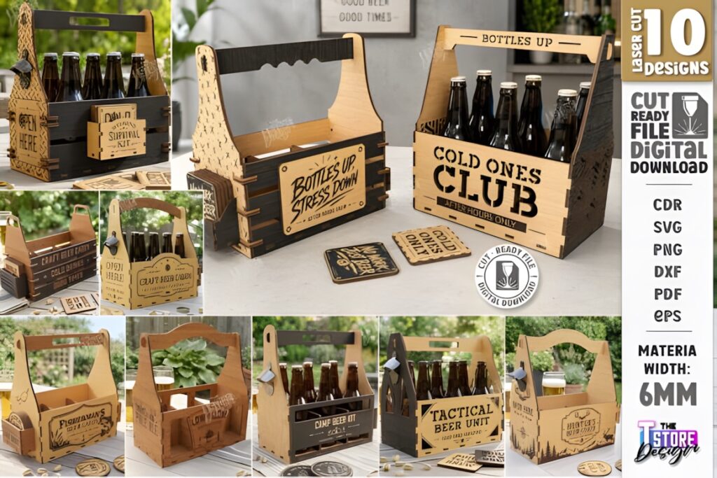 29 Laser Cut SVG Files for Wood, MDF and Acrylic Projects 41 Laser cut SVG files for wood projects showing various beer bottle caddy designs with plywood-style assembled carriers