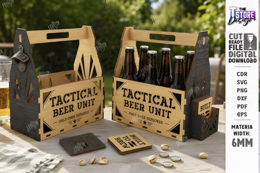 29 Laser Cut SVG Files for Wood, MDF and Acrylic Projects 42 Laser cut SVG files for wood projects showing two tactical beer unit carriers with bottle openers and coasters