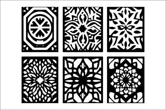 45 Laser Cut Panels for Indoor and Outdoor Features 44 Six black and white laser cut panels with geometric and floral patterns arranged in two rows of three