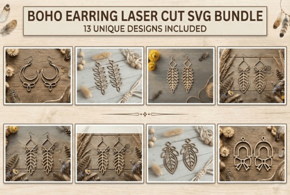 Laser cut wood earrings in boho style with connected openwork designs from a 13-design SVG bundle
