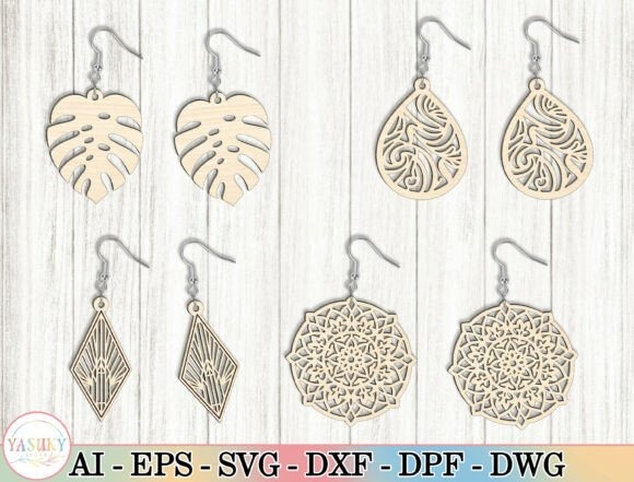 Laser cut wood earrings featuring mandala, monstera leaf, tribal teardrop, and geometric designs in a boho style