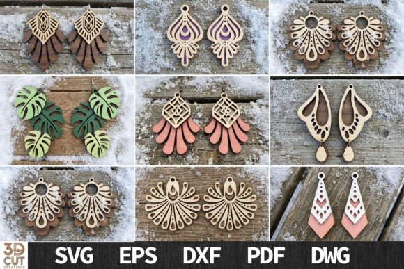 45 Best Laser Cut Acrylic Jewelry Ideas 8 Various laser cut acrylic jewelry designs featuring layered boho styled earrings in earthy and mirrored tones