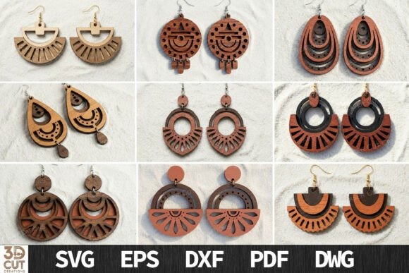 Bundle of laser cut wood earrings in various layered boho designs with multiple shapes and patterns