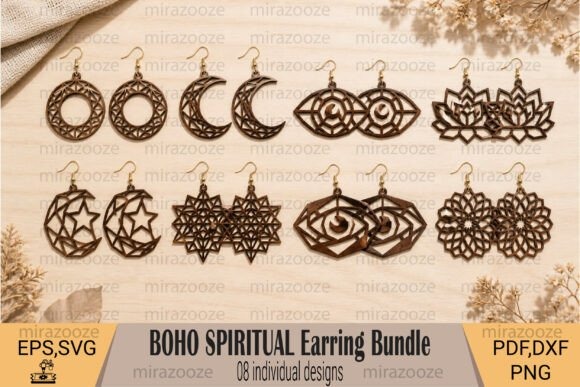 Laser cut wood earrings featuring boho spiritual designs including dreamcatchers, Hamsa hands, evil eyes, and Tree of Life