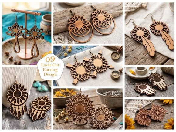45 Best Laser Cut Acrylic Jewelry Ideas 18 Laser cut acrylic jewelry featuring intricate sunflower mandala and boho-inspired earring designs in warm wood tones