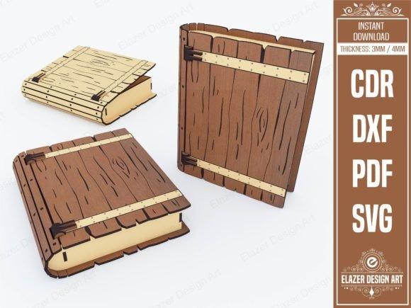 13 Laser Cut Box Projects for Cards, Keepsakes and Small Gifts 4 Laser cut box projects showing a book-shaped wooden box design with detailed wood grain and hinge elements