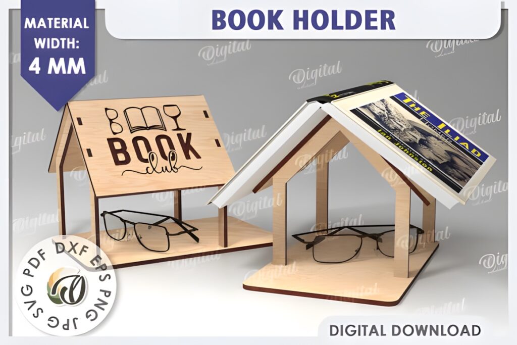 37 Laser Cut Ideas for Creative Maker Projects 30 Laser cut wooden book holder shaped like a small house supporting an open book and glasses
