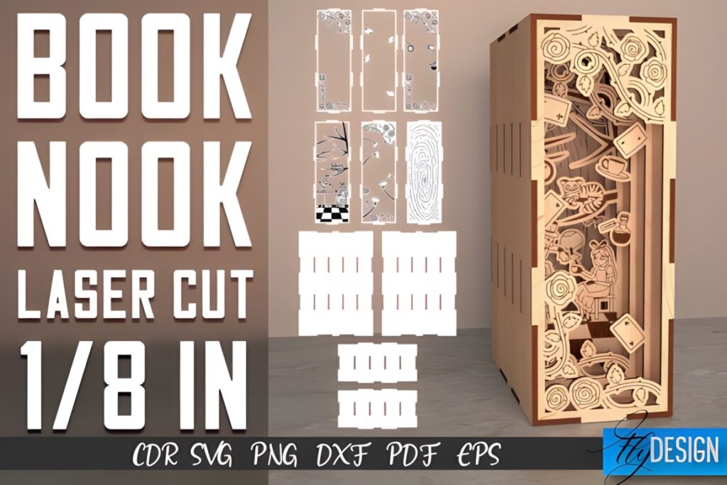 45 Laser Cut Files for Ready-to-Make Laser Projects 17 Laser cut files for a book nook and book holder project with separate cut and engrave line guidance