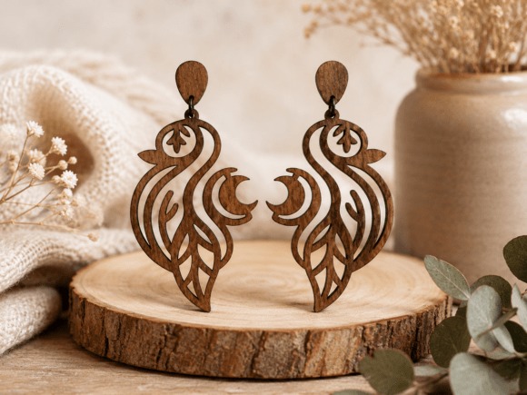23 Laser Cut Wood Jewelry Ideas 5 Laser cut wood jewelry botanical dangle earrings with leaf and crescent moon design on wooden display
