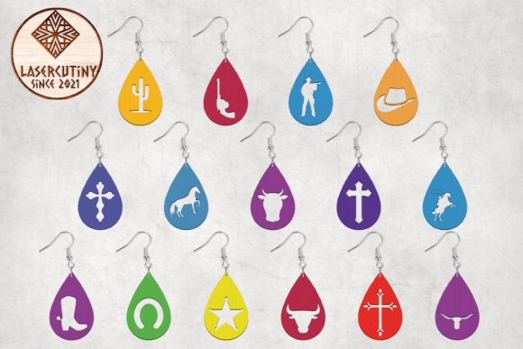 Colorful laser cut wood earrings with Western motifs including cactus, horseshoe, cowboy hat, boots, and crosses