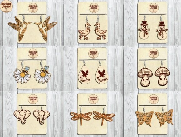 12 Laser Cut Projects for Gifts, Decor and Everyday Use 9 Laser cut projects for gifts featuring earrings with hummingbirds, ducks, snowmen, daisies, freedom birds, mushrooms
