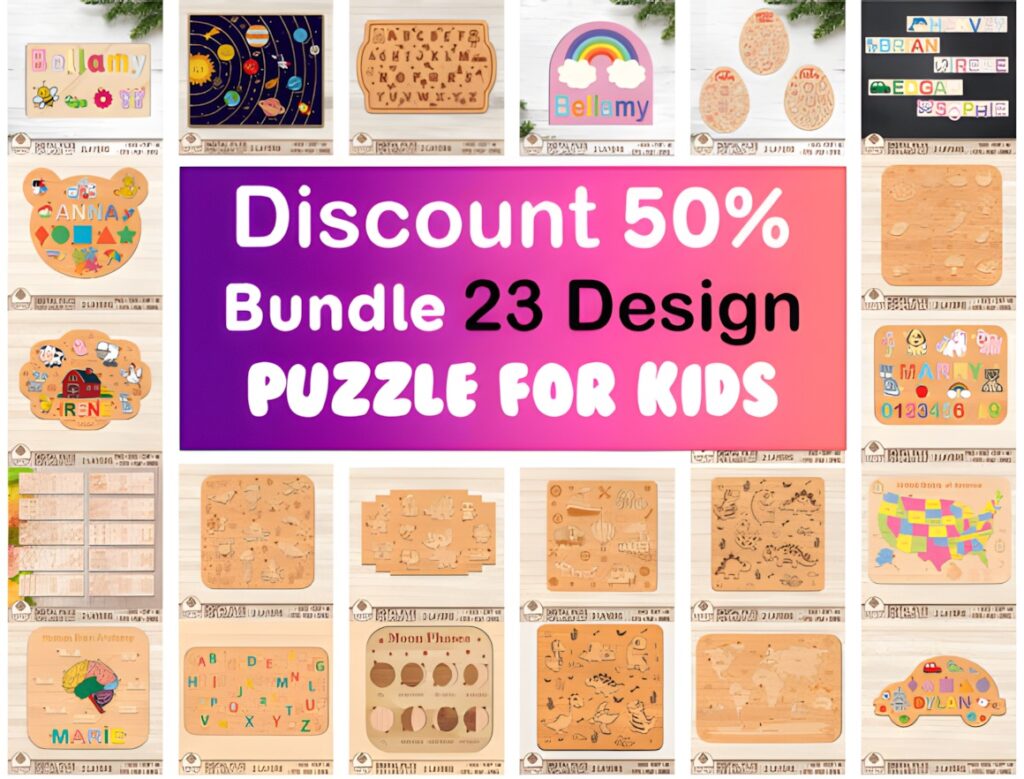 45 Laser Cut Files for Ready-to-Make Laser Projects 12 laser cut files for puzzle projects with various designs and a 50% discount banner