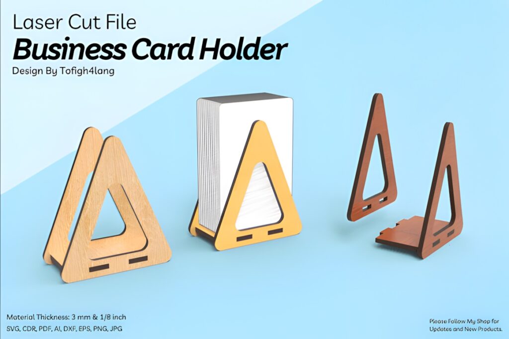 37 Laser Cut Ideas for Creative Maker Projects 25 Laser cut business card holder made from 3 mm material with triangular design holding white cards