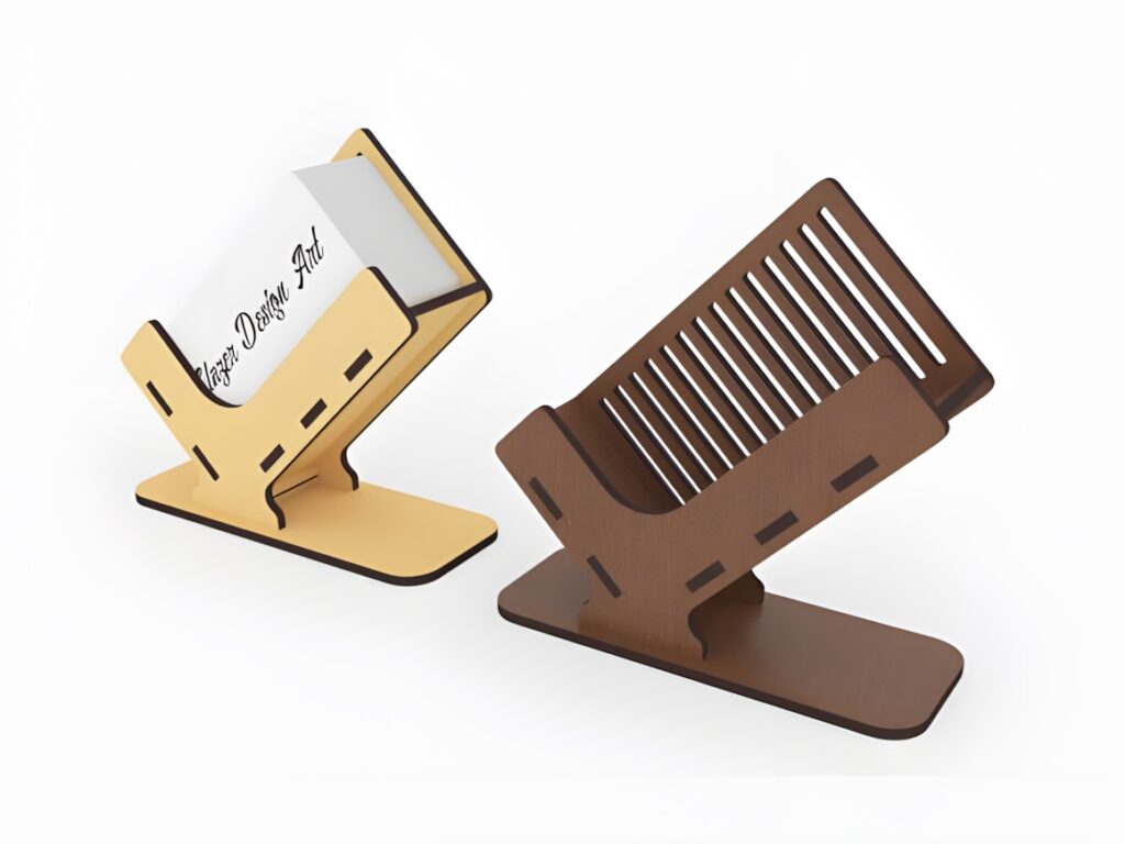 45 Laser Cut Files for Ready-to-Make Laser Projects 25 Two laser cut files business card holders in light and dark wood colors designed for compact display