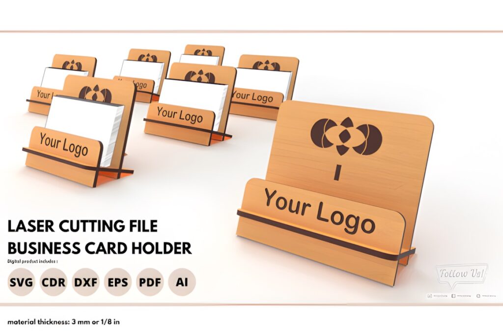 45 Laser Cut Files for Ready-to-Make Laser Projects 26 Laser cut files for business card holder with logo engraving area in multiple views