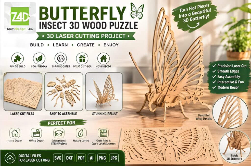 22 Educational Laser Cut Puzzles for Kids with SVG Files 9 Educational laser cut puzzles butterfly 3D wood puzzle with precision laser cut pieces and easy assembly