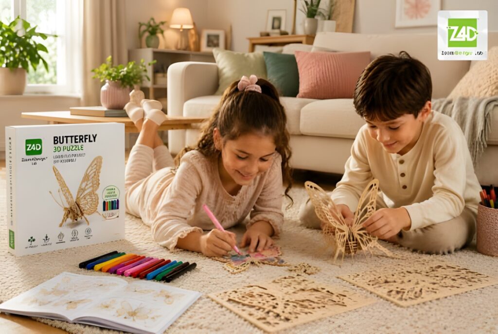 22 Educational Laser Cut Puzzles for Kids with SVG Files 8 Children assembling and coloring an educational laser cut puzzles butterfly 3D wood puzzle on the floor
