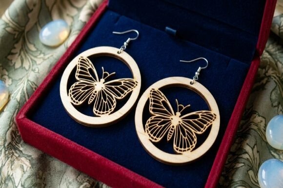 23 Laser Cut Wood Jewelry Ideas 13 Laser cut wood jewelry butterfly earrings with intricate nature-inspired design in a red box