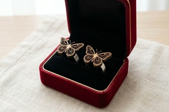 23 Laser Cut Wood Jewelry Ideas 14 Laser cut wood jewelry butterfly earrings in a red velvet box with black interior