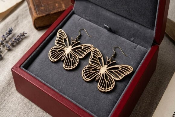 23 Laser Cut Wood Jewelry Ideas 15 Laser cut wood jewelry butterfly earrings with intricate wing patterns in a red jewelry box