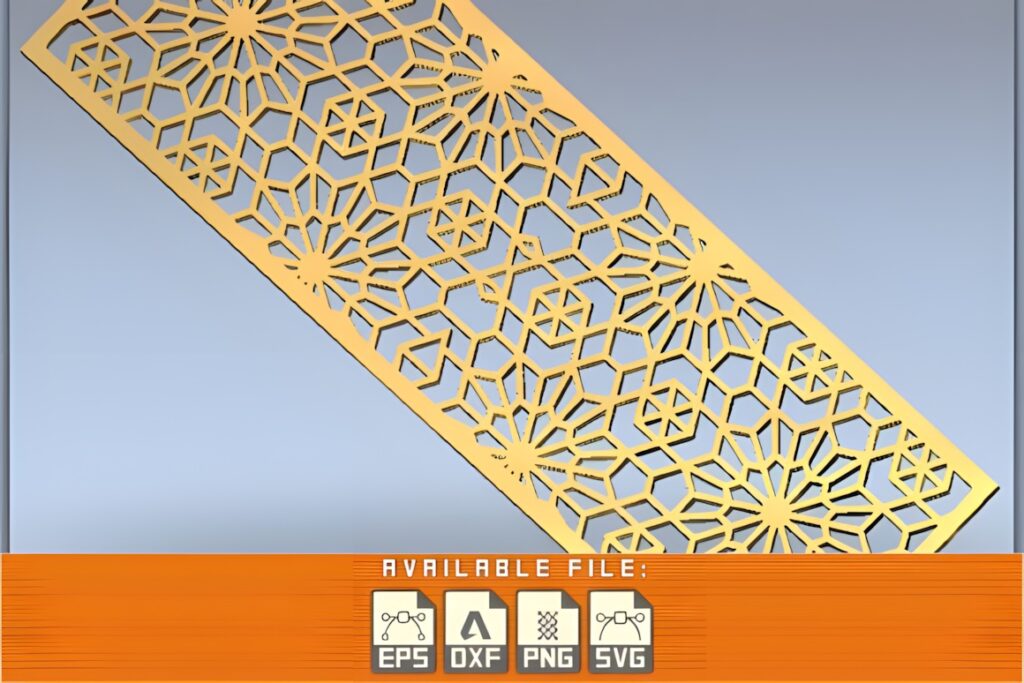 15 Laser Cut Panels for Decorative Cabinet Door Insert Projects 12 Laser cut panels for cabinet door with floral-like geometric pattern in gold color