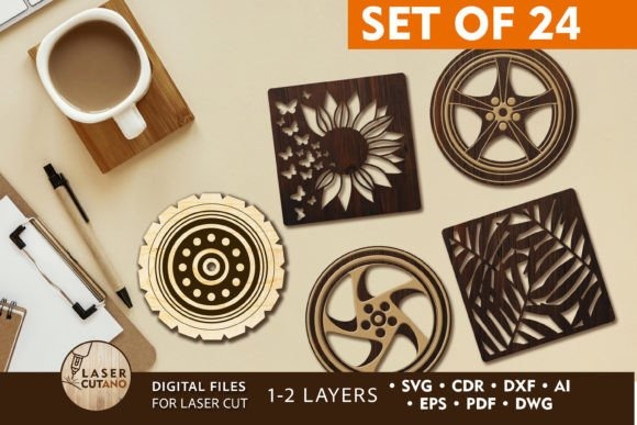 Laser Engraving Ideas for 10 Useful Home Projects 9 Set of 24 laser engraving ideas for home decor coaster templates with various single-layer and engraved designs