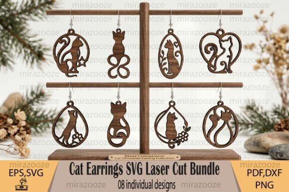 45 Best Laser Cut Acrylic Jewelry Ideas 21 Laser cut acrylic jewelry featuring cat-themed earring designs in a bundle with eight individual styles on a wooden display