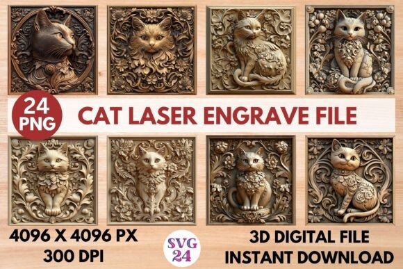Laser engraving ideas featuring 24 high-resolution cat designs in color and black-and-white PNG formats for creative DIY