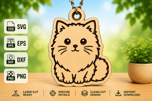 Laser cut necklace featuring a cute cat pendant in wood with precise details and clean design