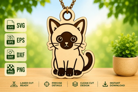 Laser cut necklace featuring a cat pendant design in SVG, DXF, PNG, and EPS formats