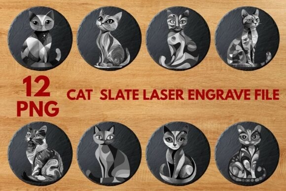 Set of 12 cat slate laser engraving designs in PNG format for creative laser engraving ideas