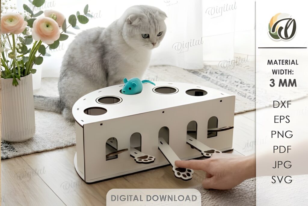29 Laser Cut SVG Files for Wood, MDF and Acrylic Projects 48 Laser cut SVG files for wood projects showing a cat toy box with pull-out paw-shaped drawers and a toy mouse on top