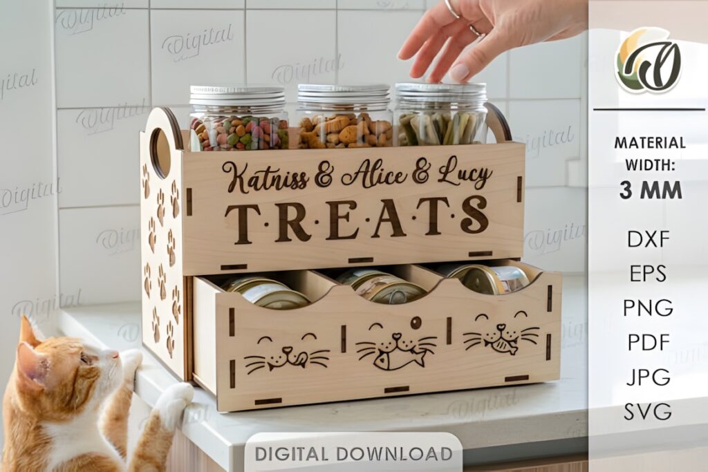 29 Laser Cut SVG Files for Wood, MDF and Acrylic Projects 24 Laser cut SVG files for wood projects showing a cat treats storage box with jars and cat face designs
