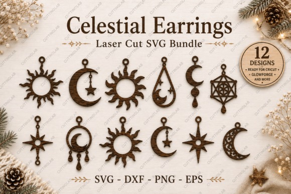 Celestial earrings laser cut wood designs including suns, moons, stars in SVG, DXF, PNG, EPS — laser cut wood earrings