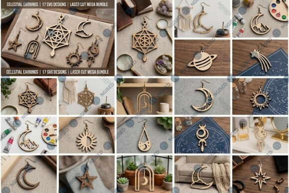 Laser cut wood earrings featuring celestial designs including moons, stars, planets, and space-themed engravings