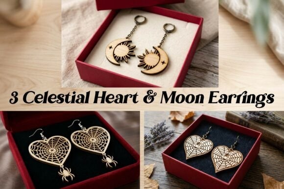 45 Best Laser Cut Acrylic Jewelry Ideas 28 Laser cut acrylic jewelry featuring celestial heart and moon earrings with intricate designs in gift boxes