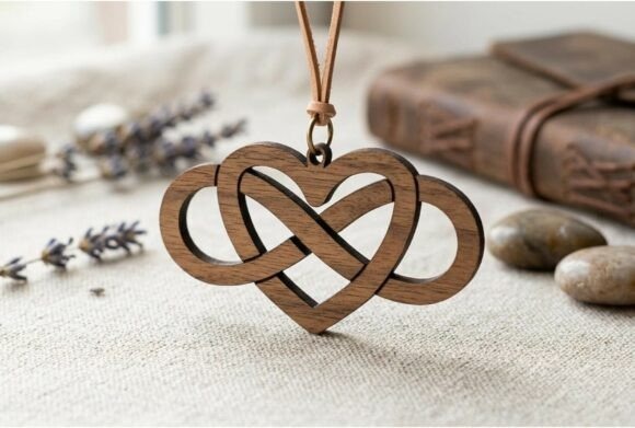 23 Laser Cut Wood Jewelry Ideas 22 Laser cut wood jewelry Celtic knot heart pendant with interwoven design on a fabric surface